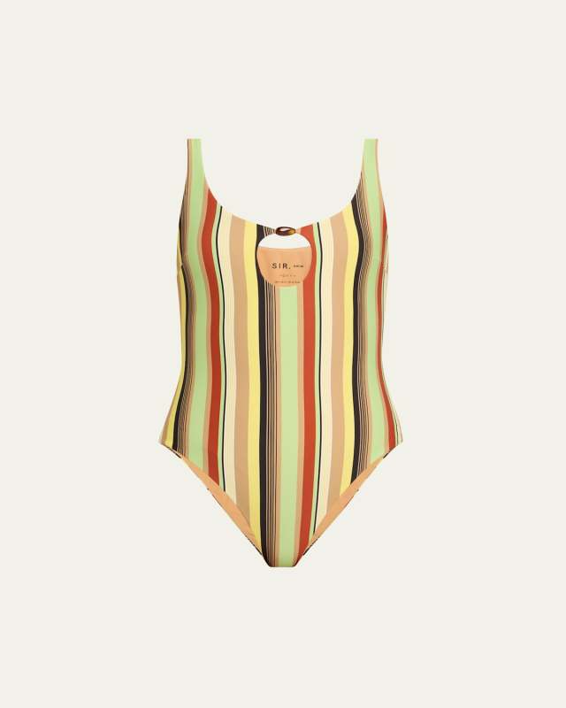 Palm Stripe Poolside Beaded One-Piece Swimsuit